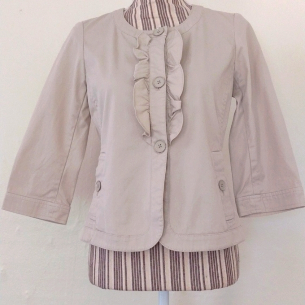Talbots Petites Tan Khaki Canvas Ruffle Front 3/4 Sleeve Jacket Size 4p
